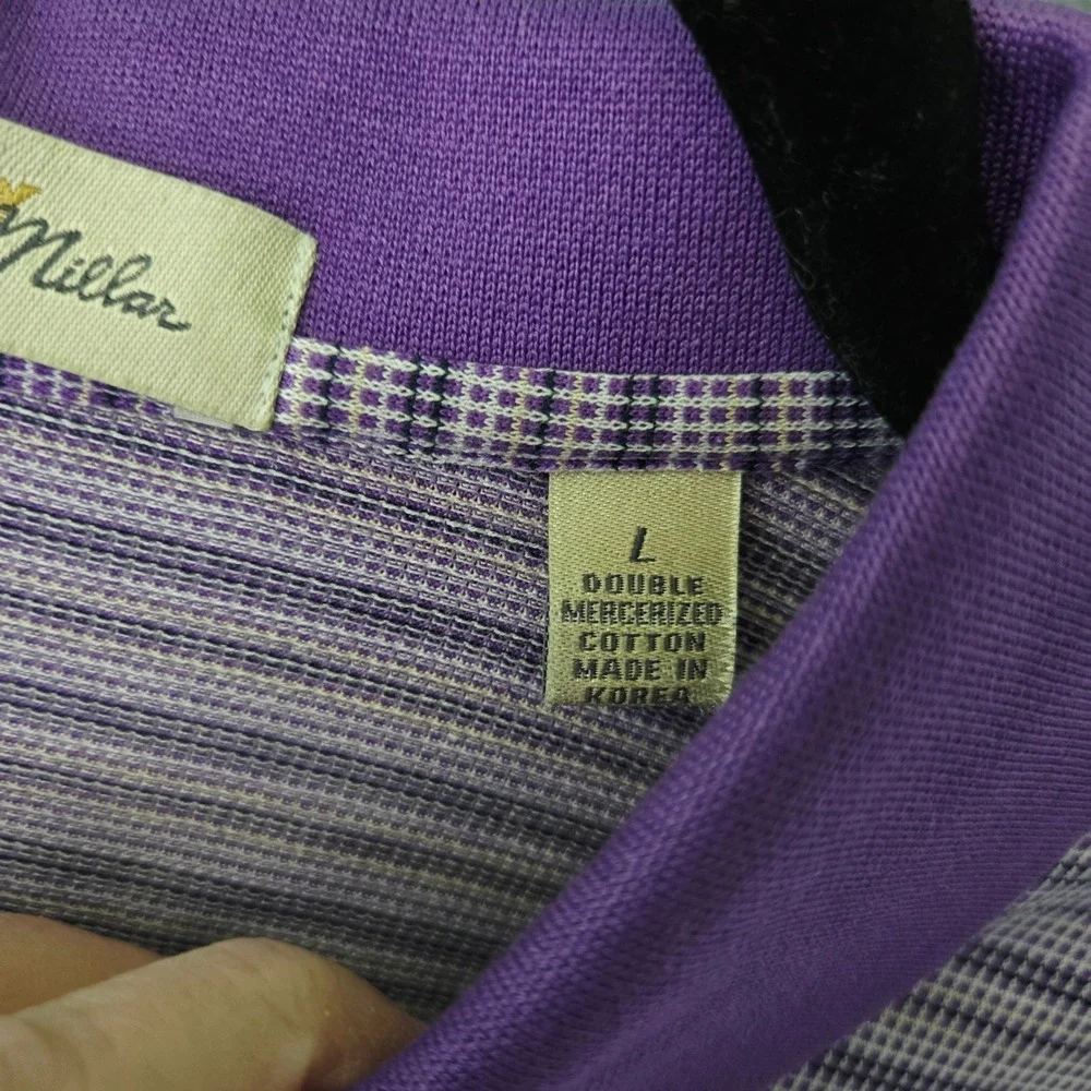 Peter Millar Mens Large Purple Stripe Double Mercerized Cotton‎ Polo Shirt Golf